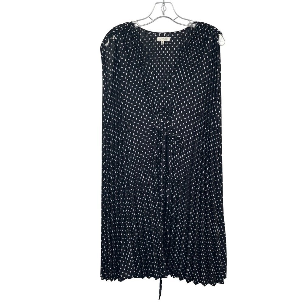 Max Studio Polka Dot Pleated Shift Dress Sleeveless Black/White Belted Large
